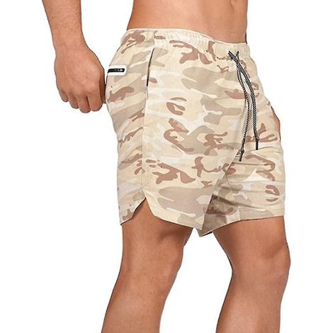 Short de sport 2 en 1 pour homme, idéal pour la course, la salle de sport et l'entraînement. Séchage rapide. Taille XXL. Beige camouflage. (1/4)