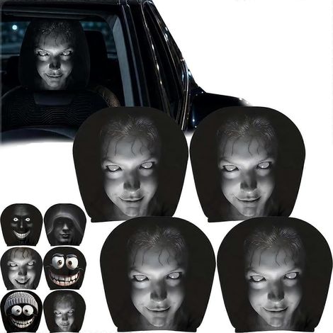 Housses d'appuie-tête fantômes pour voitures, lot de 4 housses d'appuie-tête effrayantes et amusantes, protection d'appuie-tête pour voiture pour Halloween. (1/5)