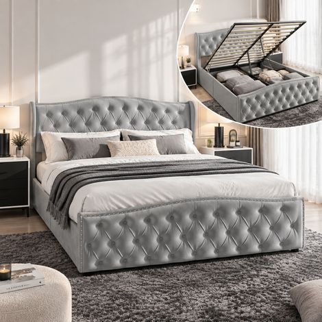 Lit coffre 160x200 cm gris avec sommier à lattes - lit double adult capitonné avec rangement hydraulique - cadre en métal - velours