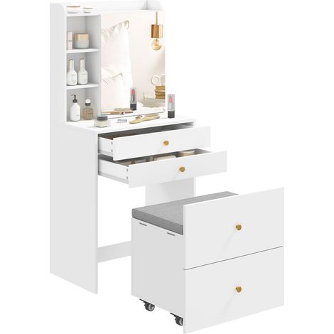 Coiffeuse - HOMCOM - avec miroir et tabouret de rangement mobile - tiroirs et étagères ouvertes - bois - 60 x 40 x 132,5 cm - blanc (1/5)