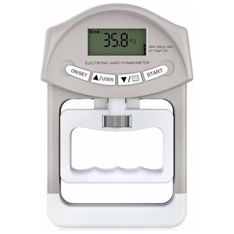 Elektronisches Handdynamometer mit einer Greifkapazität von 90 kg / 200 lbs und 19 einzelnen Scheibensätzen. (1/5)