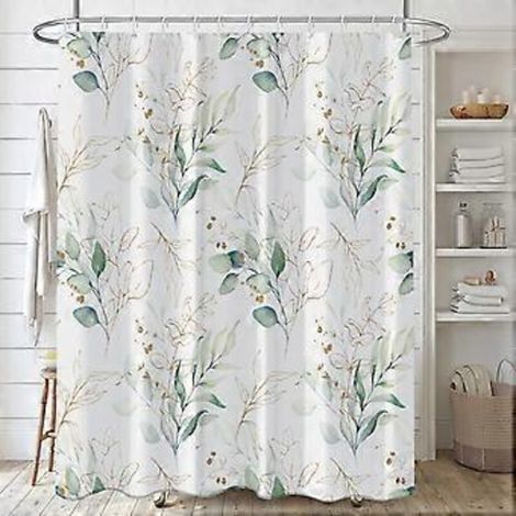 Rideau de douche 120 x 180 cm à motif feuilles d'eucalyptus, rideau de douche botanique à feuilles vertes, rideau de bain en polyester imperméable et anti-moisissure (1/5)