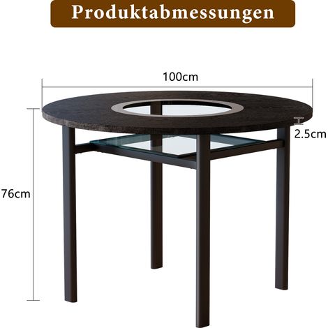 Table ronde design 100cm, plateau effet bois noir, pour 2 à 4 personnes, avec verre gris et piètement stable, style contemporain, plateau résistant aux rayures (1/5)