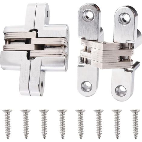 2pcs 68.5mm Hidden Cross Hinges, Invisible 180 Degree Folding Door Hinges, Zinc Alloy Invisible Hinges, with 8 Pieces Screws, for Door Cupboard Furniture Silver (1/5)