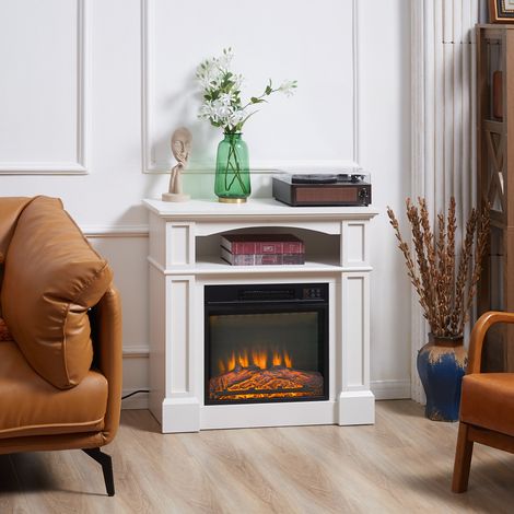 Cheminée Électrique avec Effet Flamme LED Réglable 1800 W, Télécommande, Minuteur et Étagère Intégrée, Blanc (1/5)