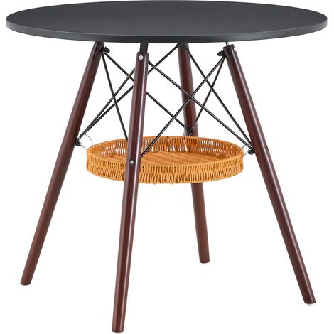 Runder Esstisch 80 cm schwarz, MDF, Beine aus Nussbaumholz und geflochtener Korb (1/5)