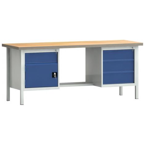 Établi PW 700 l.2000xP700xH840 mm hêtre Multiplex gris clair, RAL 7035 bleu gentiane, RAL 5010 4 tir. 1 porte