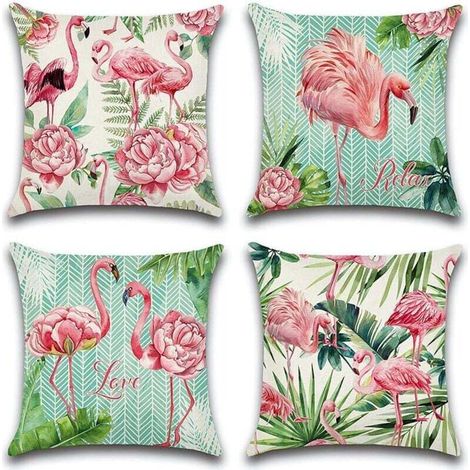 Lot de 4 housses de coussin d'extérieur motif flamant rose et fleurs roses pour patio. jardin. salon. chambre à coucher. 45 x 45 cm (1/4)