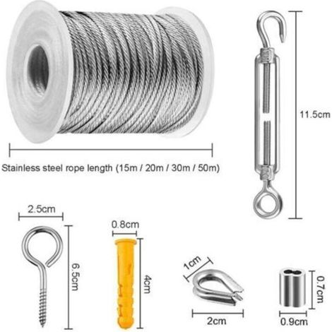 Câble en acier inoxydable de 30 m – câble métallique résistant avec tendeur et crochets pour suspension de luminaires, plantes grimpantes, corde à linge ou garde-corps (1/4)