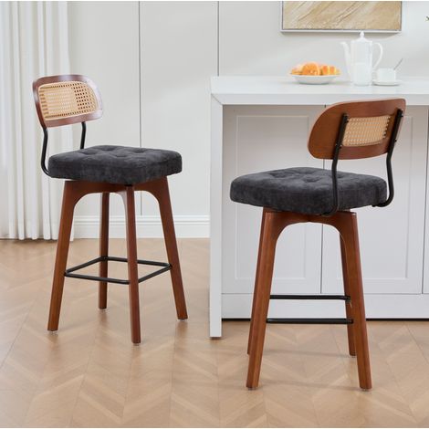 Set di 2 sgabelli da bar girevoli a 360° con schienale in rattan, ciniglia nera (1/5)