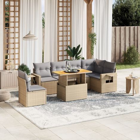 Set sofás de jardín 7 piezas y cojines ratán sintético beige vidaXL (1/3)