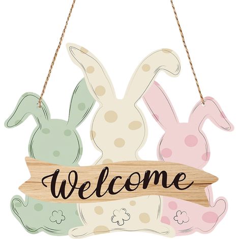Panneau De Porte En Bois - Lapin De Pâques - Motif Bienvenue - Décoration Murale Extérieure Intérieure - 1 Pièce (1/3)