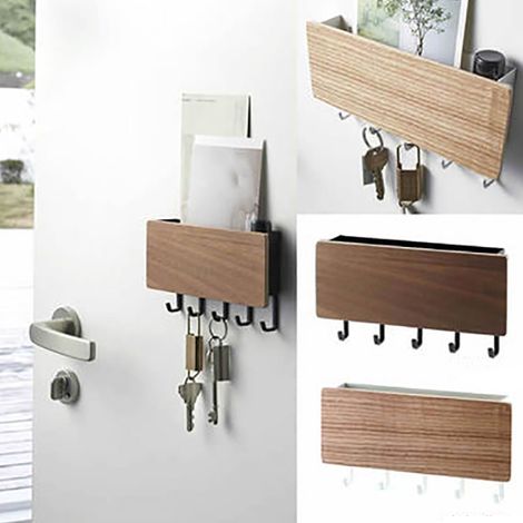 Porte-clés mural organisateur avec 5 crochets et porte-lettres en bois ABS, sans nécessité de percer, dimensions 18x10x3cm, couleur bois. (1/5)