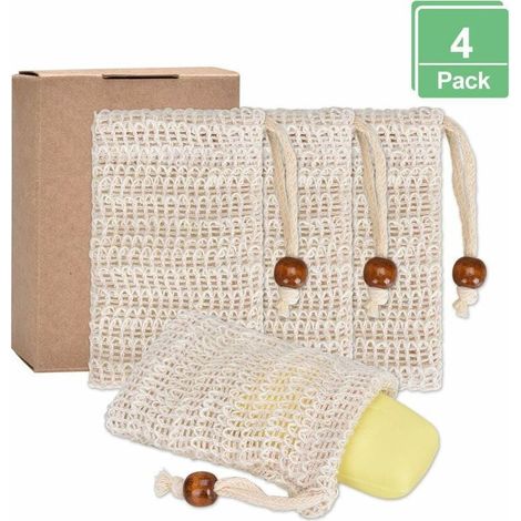 Sachet de savon bio 4 x sacs de savon, sac de savonsisal naturel, résidu de savon biologique durable, filet de savon sans plastique pour gommage corporel (1/4)
