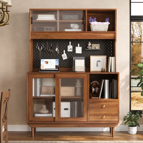 Buffet de Cuisine portes coulissantes en verre strié panneau arrière perforé tiroirs et compartiments ouverts pieds en bois de pin (1/5)