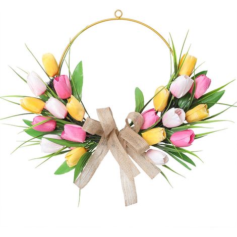 Knocker De Porte En Fer Forgé - Guirlande De Tulipes Artificielles De Pâques - Pour Entrée Principale - 40 X 40 Cm - 1 Pièce (1/5)