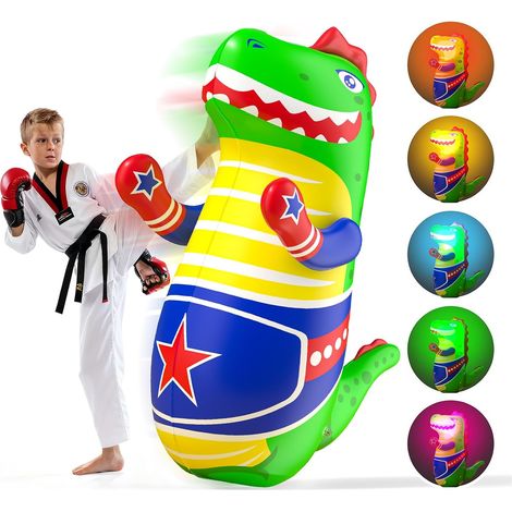 Sac de frappe gonflable dinosaure pour 3 à 8 enfants, 120 cm et lumière LED, jouet gonflable avec fonction de rebond, cadeau pour garçons et filles, base à remplir d'eau (1/5)