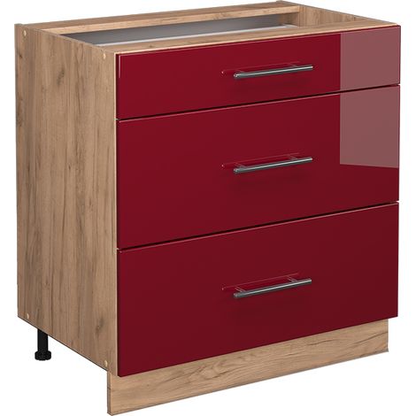 Küchenunterschrank Fame-Line, Bordeaux Hochglanz, 80 cm mit 3 Schubladen, ohne Arbeitsplatte, Vicco