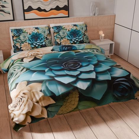 Housse de Couette 1 Place Maxi 155x220 cm (1 Taie 80x80 cm Incluse), Parure en Microfibre Imprimée Floral 05 15 (1/5)
