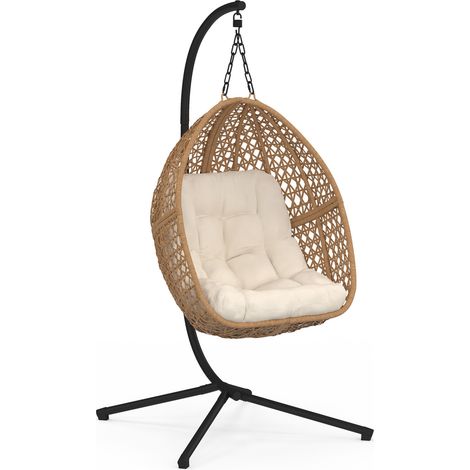 Idmarket – Fauteuil suspendu ajouré effet rotin – Coussin épais 15 cm – Socle en acier noir pour stabilité – Poids max 100 kg