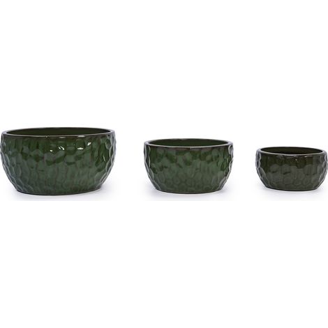 Set di 3 vasi da fiori in ceramica smaltata verde con motivo martellato, con foro di drenaggio (1/5)