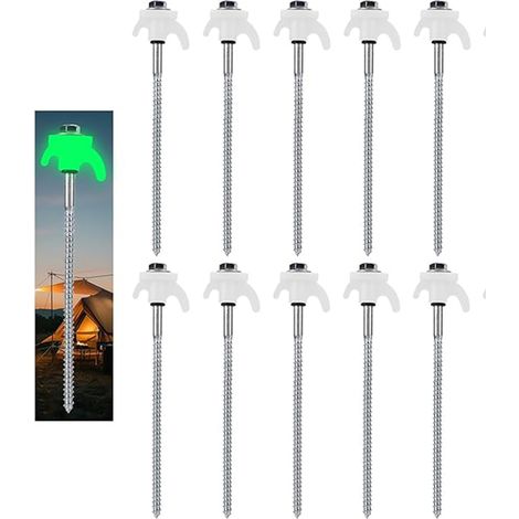 Sollbry 10x Piquets de Tente à Visser avec Effet Lumineux, Sardine à Visser pour Camping avec Adaptateur Fileté et Brosse Métallique, pour Camping, Blanc (1/5)