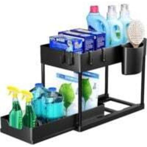 Estantería de almacenamiento de doble capa para debajo del fregadero con cajones deslizantes, organizador multifuncional para cocina y baño – Negro - Crezuo (1/4)