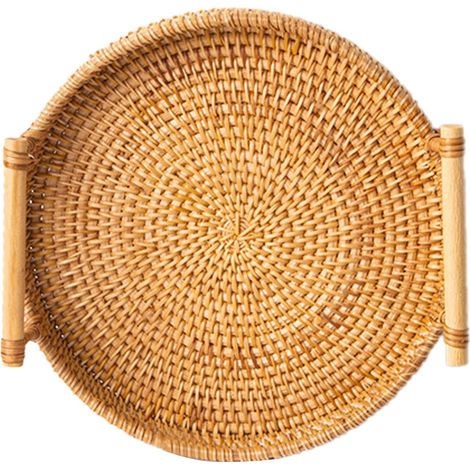 Plateau de service rond en rotin tressé à la main, panier à pain, fruits, desserts et collations avec poignées. Diamètre : 28 cm, hauteur : 4 cm. (1/5)