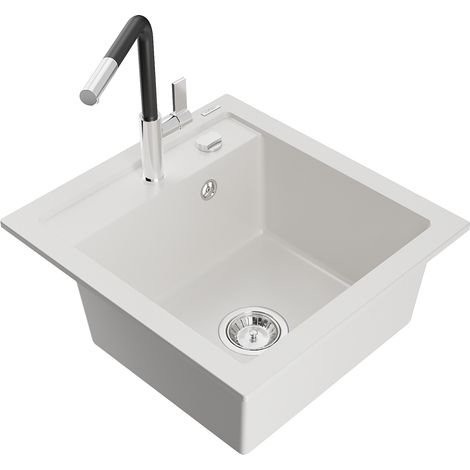 Mexen Vito lavabo in granito 1-vasca con rubinetto da cucina Flora, bianco - 6503-20-670401-07 (1/5)