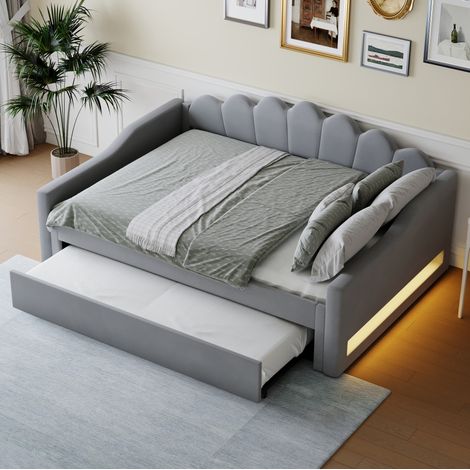 Tagesbett 140x200 cm grau in Leinen mit Ausziehbett und LED-Beleuchtung (1/5)