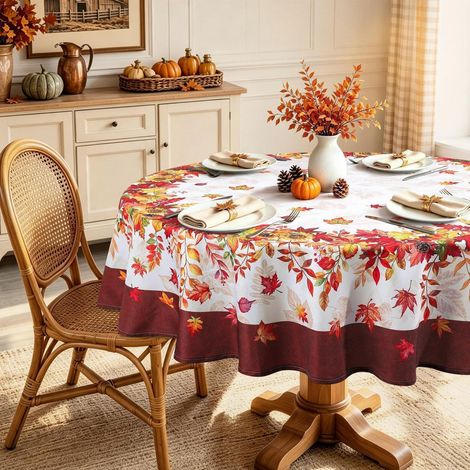 Nappe ronde 180 cm motif Feuille d'érable, lavable, polyester