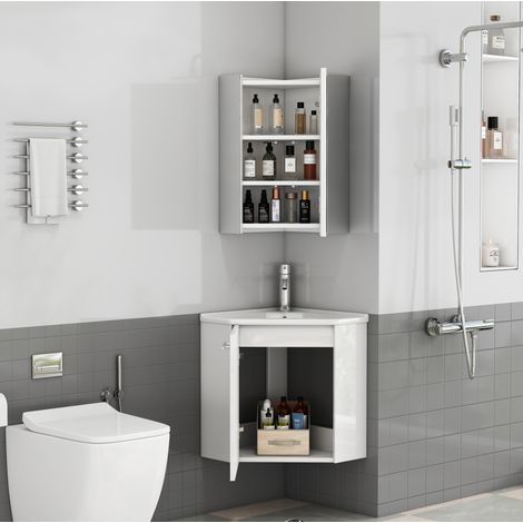 Mobile bagno ad angolo con lavabo e specchio, bianco lucido, MDF HAVRYA (1/5)
