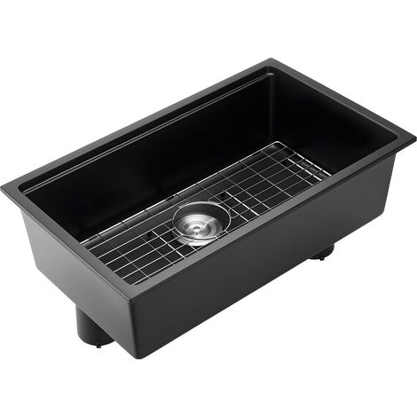 Évier de cuisine encastrable 76 cm en granit noir, cuve unique à poser avec accessoires multiples, lavabo pour camping-car, cuisine d'appoint et bar (1/5)
