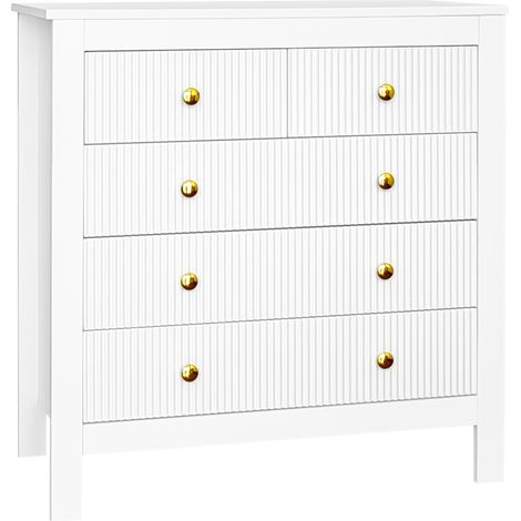 Commode 5 Tiroirs Blanche Buffet avec Poignées Dorées Meuble de Rangement Surface Texturée 79x80.5x39.5cm (1/5)