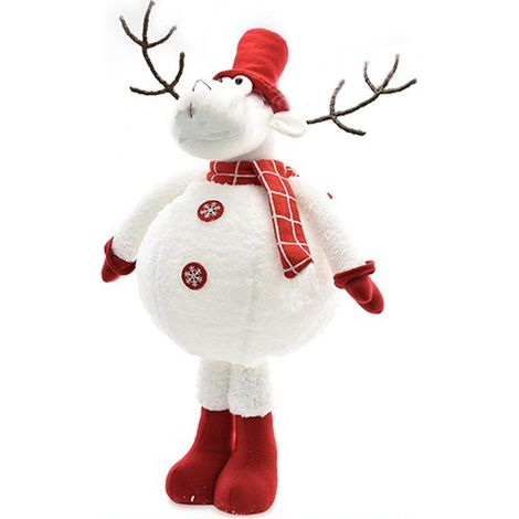 Renna bianca con corna cappello sciarpa rossa cm 72 per sotto albero di natale decorazione vetrina addobbi casa (1/5)
