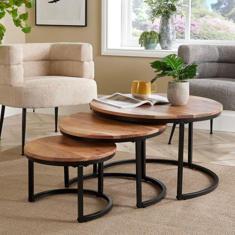Nest 3 Tables Solid Acacia Wooden Top Home Compact Furniture Design Living Room (1/5)