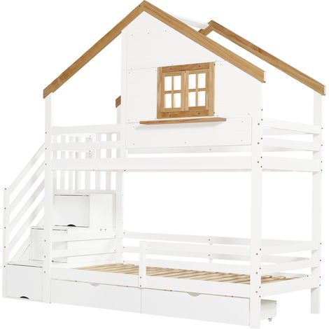 Lit superposé enfant en bois avec escalier de rangement et tiroirs 90x200 cm blanc naturel (1/5)