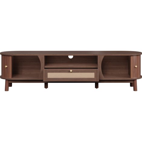 Mobile TV in MDF color noce con ante e cassetto, stile rustico con dettagli in rattan (1/5)