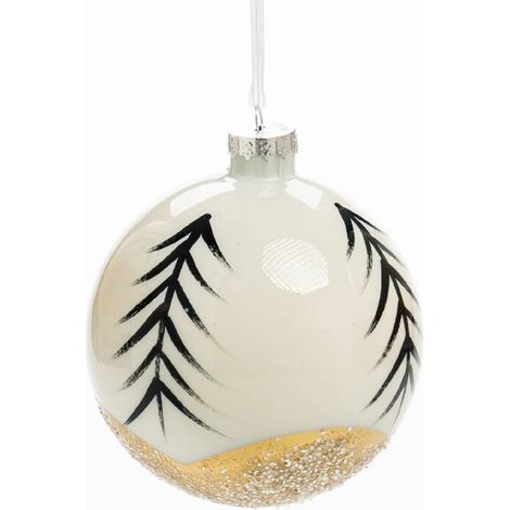 Pallina "Tropical" in vetro colore bianco con foglie per albero di Natale -Ø 15 cm set da 1 pezzo