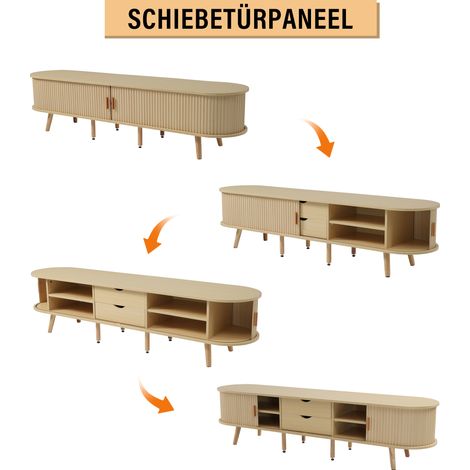 Meuble TV salon avec rangement + table basse assortie, ensemble ovale en bois naturel, MDF, combinaison pratique pour séjour moderne (1/5)