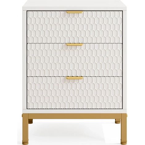 Table de chevet moderne avec 3 tiroirs en panneau mélaminé blanc et piètement métal doré (1/5)