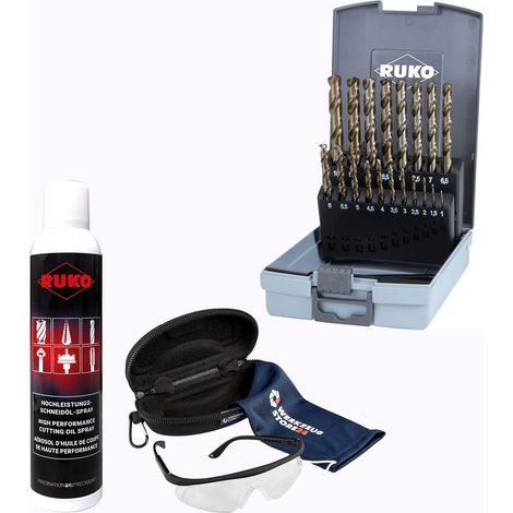 RUKO Spiralbohrer-Satz HSSE-Co 5, 19tlg., 1–10 mm, DIN 338 Typ VA inkl. Spray & Schutzbrille - WZS215214RO