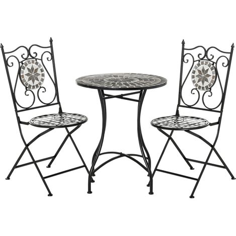Ensemble de jardin pour 2 personnes, mobilier de balcon, table mosaïque + chaises pliantes, métal, carrelage céramique, multicolore