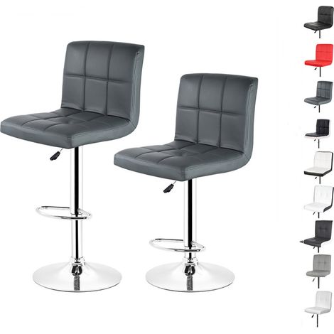 Hofuton Tabouret de Bar, Lot de 2, Chaise, Hauteur Réglable, Revêtement en PU, Rotatif sur 360°, avec Dossier et Repose-Pieds, Piètement Chromé, Gris (1/5)