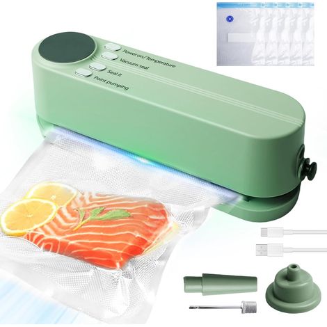 Appareil de Mise Sous Vide 3-en-1 avec Batterie 1200mAh, Soudeuse de Sacs Portable, Scellage Sous Vide/Scellage Simple/Extraction Ponctuelle, Jusqu'à 60 Scellages par Charge, 60 KPA, Vert Clair (1/5)