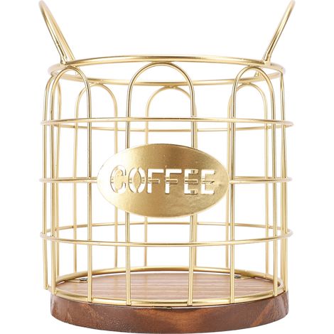 Porta capsule di caffè, con base in legno e filo appesantito, cestino porta capsule da cucina, colore oro. (1/5)