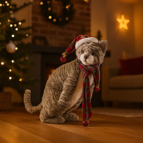 Gatto altamente realistico di colore marrone con cappello e sciarpa rossa, altezza 51 cm (1/4)