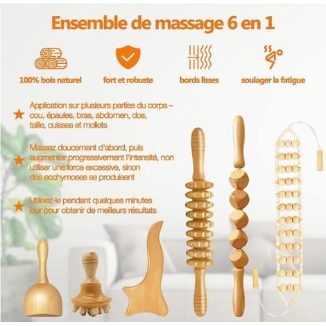 Kit de Massage - Maderothérapie - 6 Pièces - Anti-Cellulite - Drainage Lymphatique - Bois Naturel