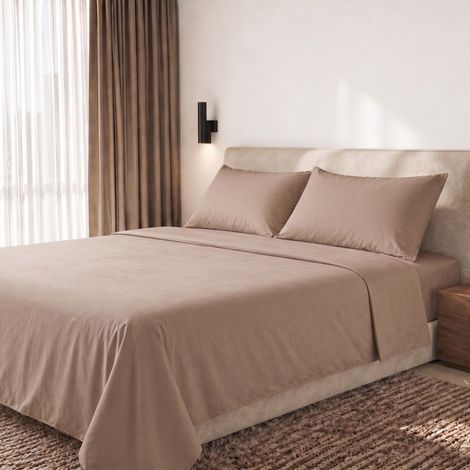 Parure de Lit 2 Personnes en Percale de Coton 200 TC - Drap Housse, Drap Plat et 2 Taies d'Oreiller - Mocha - Made in Italy