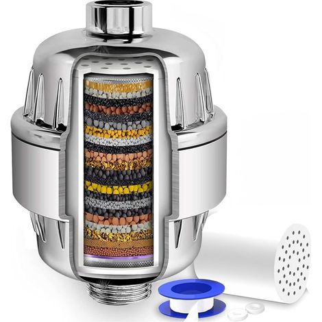 34-stufiger Duschwasserfilter, angereichert mit Mineralien und Vitamin C, entfernt Chlor, Schwermetalle und Verunreinigungen. (1/5)